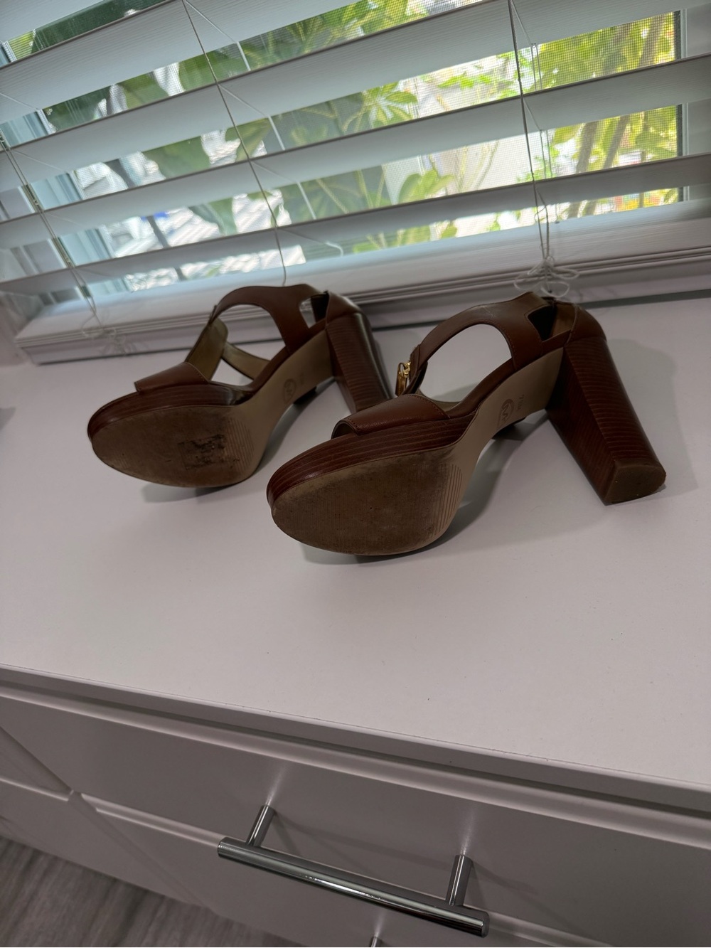 Michael Kors Brown Leather Zip-Front Block Heel Sandals - Picture 3 of 6